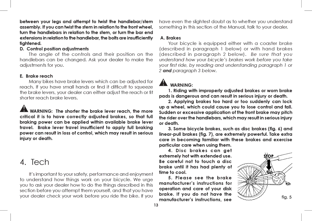 Diamondback 2008-2005 manual Tech, Brake reach, Brakes 