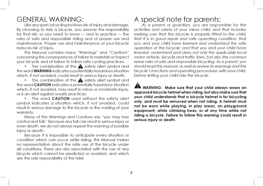 Diamondback 2008-2005 manual General Warning, Special note for parents 