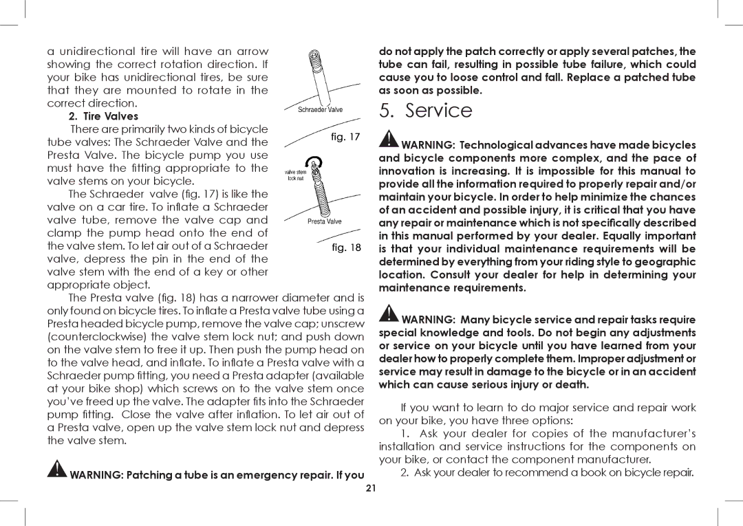 Diamondback 2008-2005 manual Service, Tire Valves 