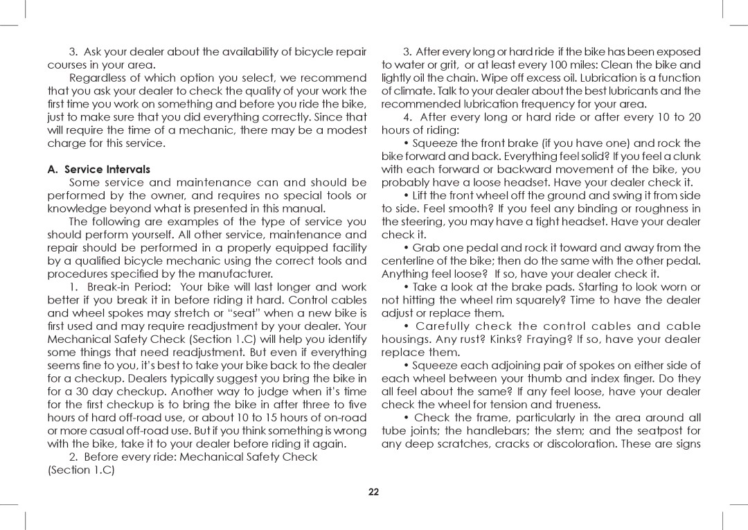 Diamondback 2008-2005 manual Service Intervals, Before every ride Mechanical Safety Check 