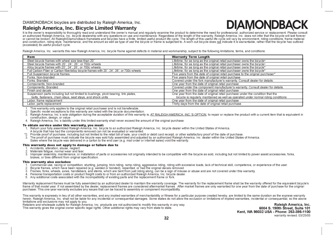 Diamondback 2008-2005 manual Raleigh America, Inc. Bicycle Limited Warranty 