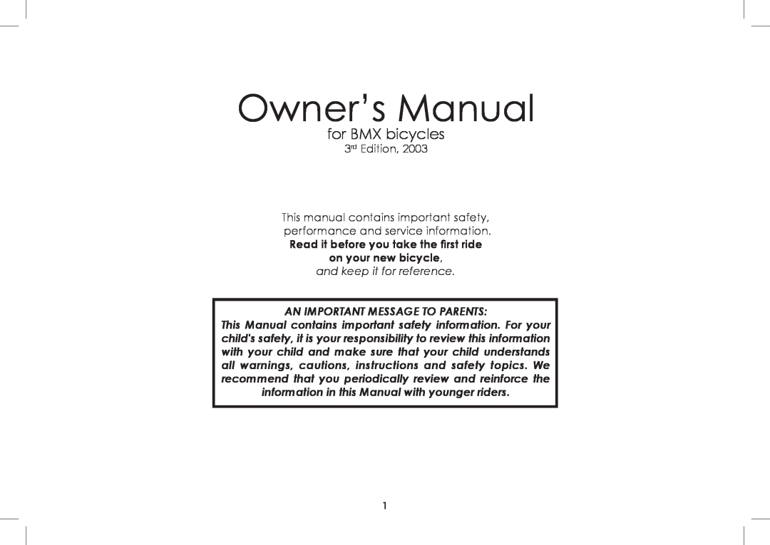 Diamondback 2008-2005 manual Owner’s Manual, for BMX bicycles, An Important Message To Parents 