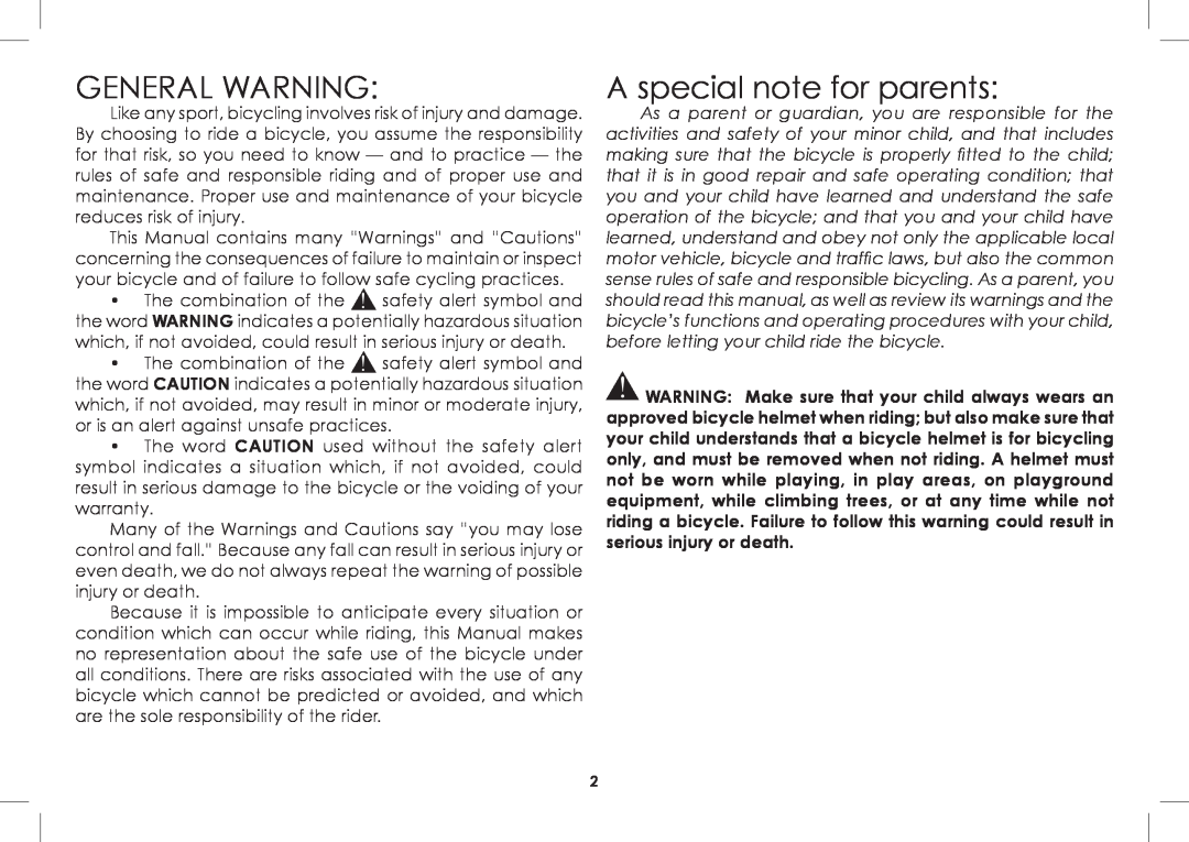 Diamondback 2008-2005 manual General Warning, A special note for parents 