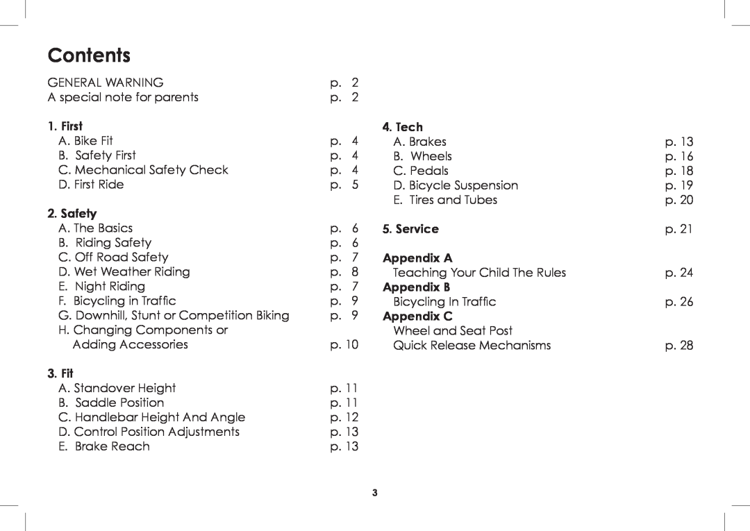 Diamondback 2008-2005 manual Contents, First, Safety, Fit, Tech, Service, Appendix A, Appendix B, Appendix C 