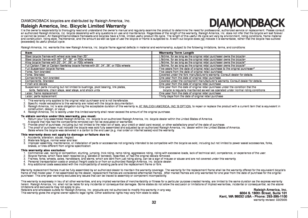 Diamondback 2008-2005 Raleigh America, Inc. Bicycle Limited Warranty, Warranty Term Length, This warranty also excludes 