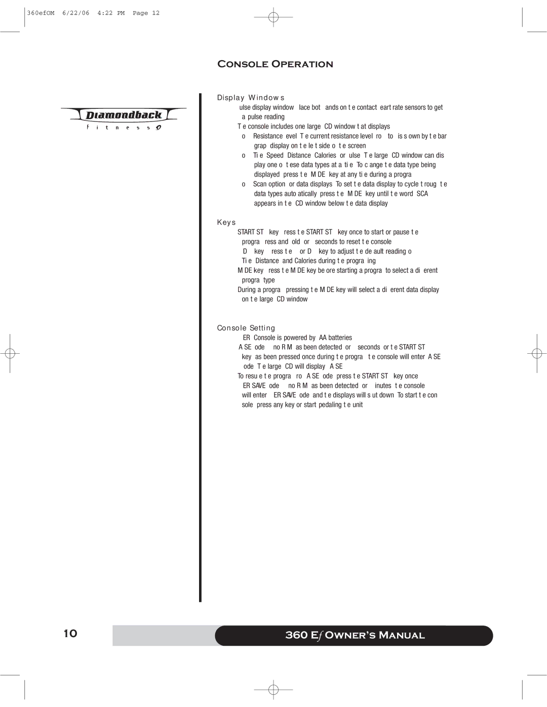 Diamondback 360 Ef manual Console Operation, Display Windows, Keys, Console Setting 