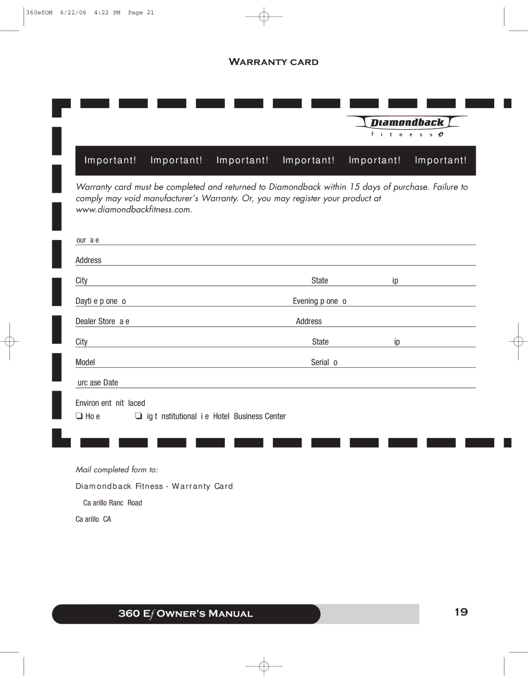 Diamondback 360 Ef manual Warranty card, Diamondback Fitness Warranty Card 