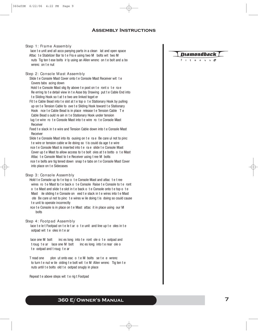 Diamondback 360 Ef manual Assembly Instructions, Frame Assembly, Console Mast Assembly, Console Assembly, Footpad Assembly 