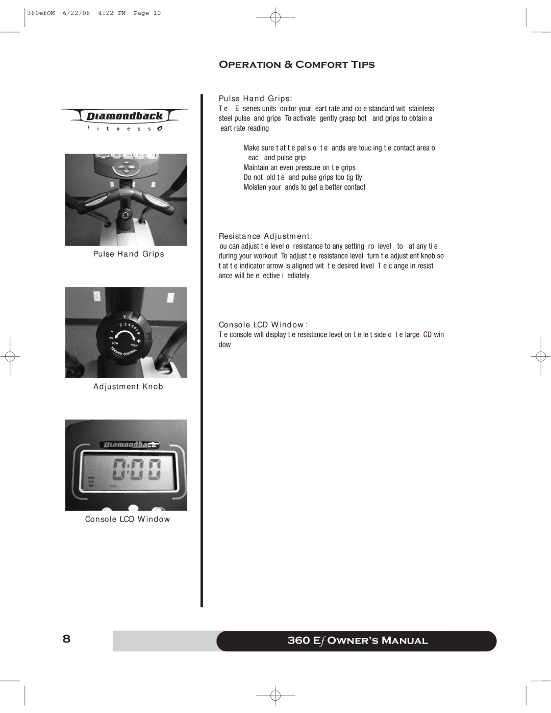 Diamondback 360 Ef Operation & Comfort Tips, Pulse Hand Grips Adjustment Knob Console LCD Window, Resistance Adjustment 