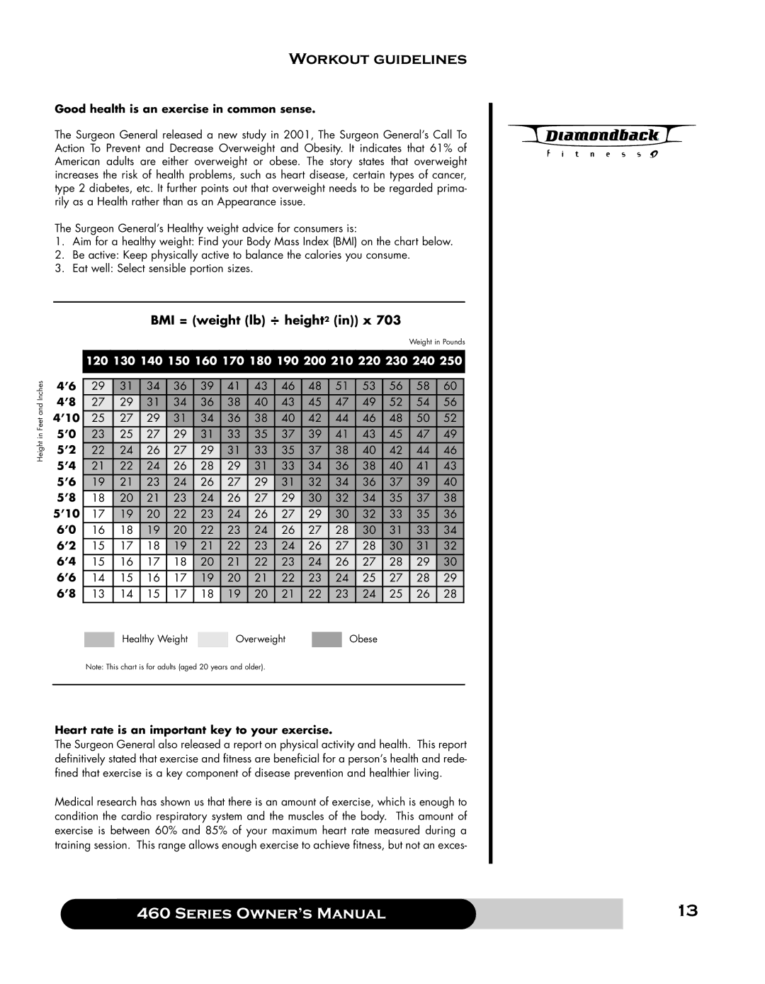 Diamondback 460 manual Workout guidelines, BMI = weight lb ÷ height2 in x, Good health is an exercise in common sense, ’10 