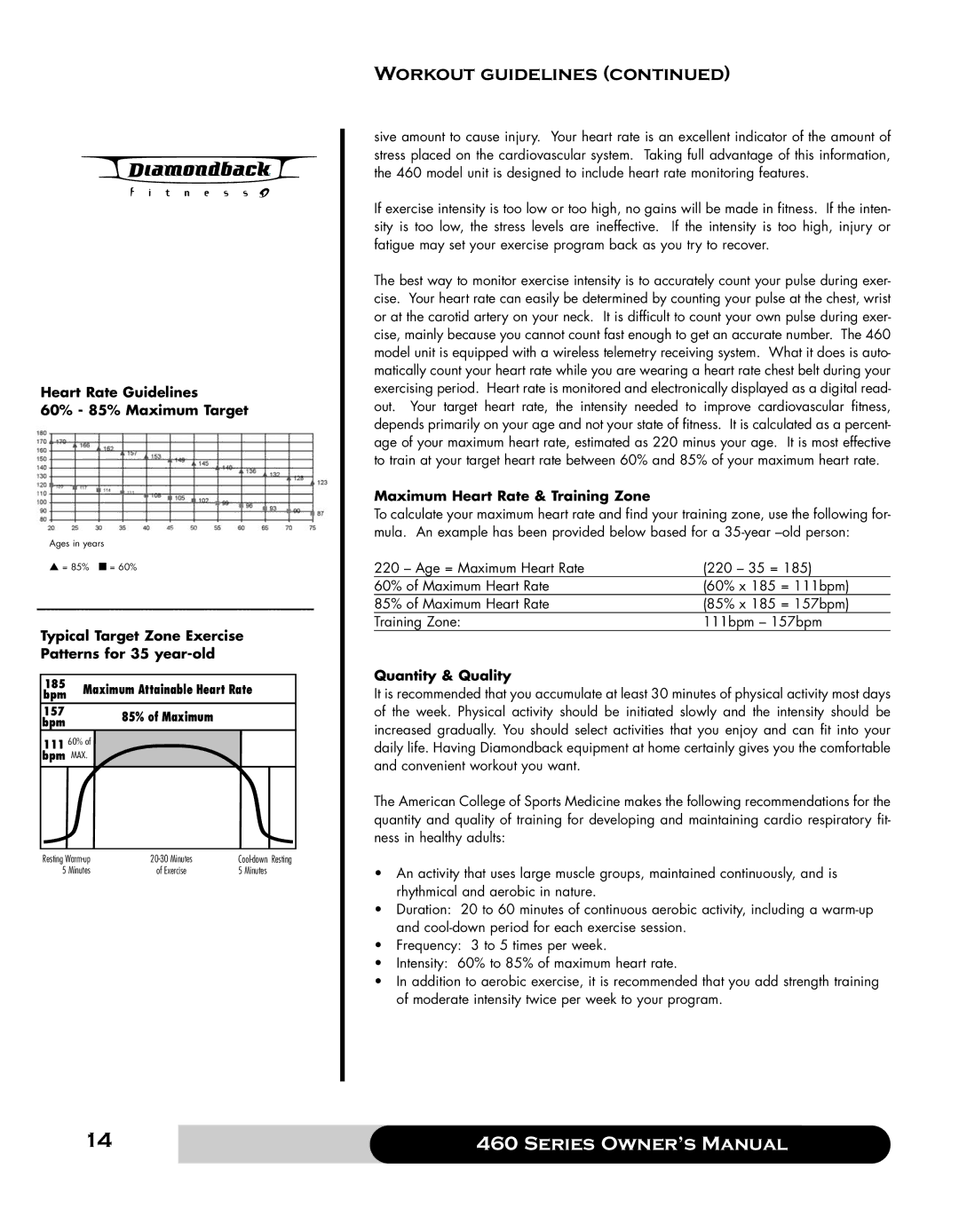 Diamondback 460 manual Heart Rate Guidelines 60% 85% Maximum Target, Typical Target Zone Exercise Patterns for 35 year-old 