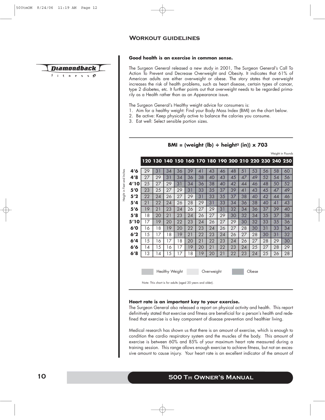 Diamondback 500 manual Workout guidelines, BMI = weight lb ÷ height2 in x, Good health is an exercise in common sense, ’10 