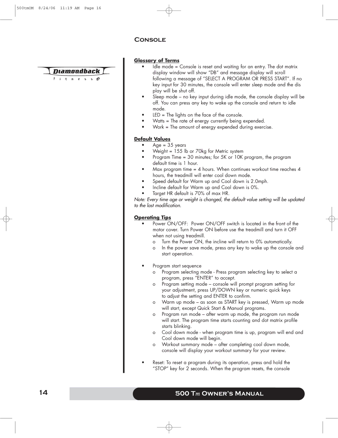 Diamondback 500 manual Console, Glossary of Terms 