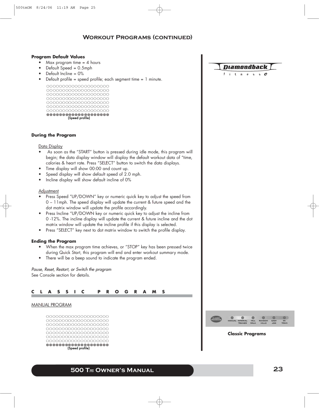 Diamondback 500 manual Program Default Values, Classic Programs 