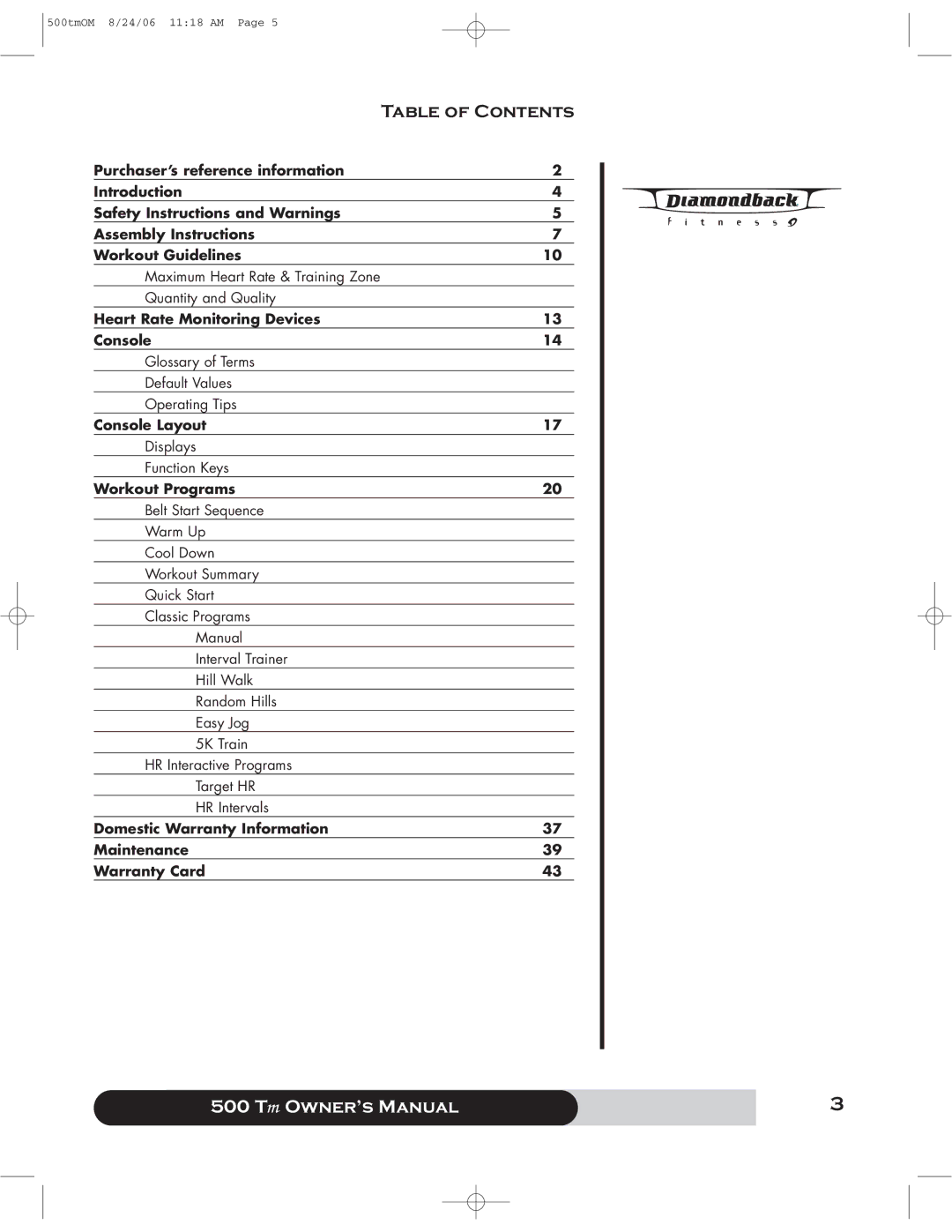 Diamondback 500 manual Table of Contents 