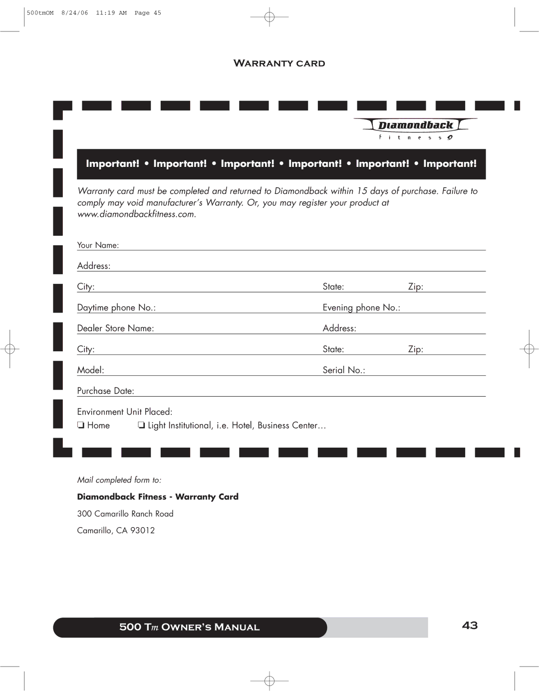 Diamondback 500 manual Warranty card, Diamondback Fitness Warranty Card 