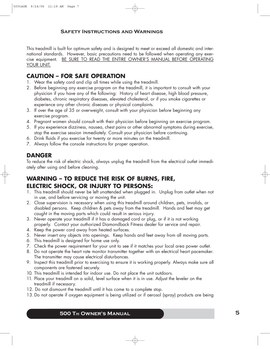 Diamondback 500 manual Safety Instructions and Warnings 