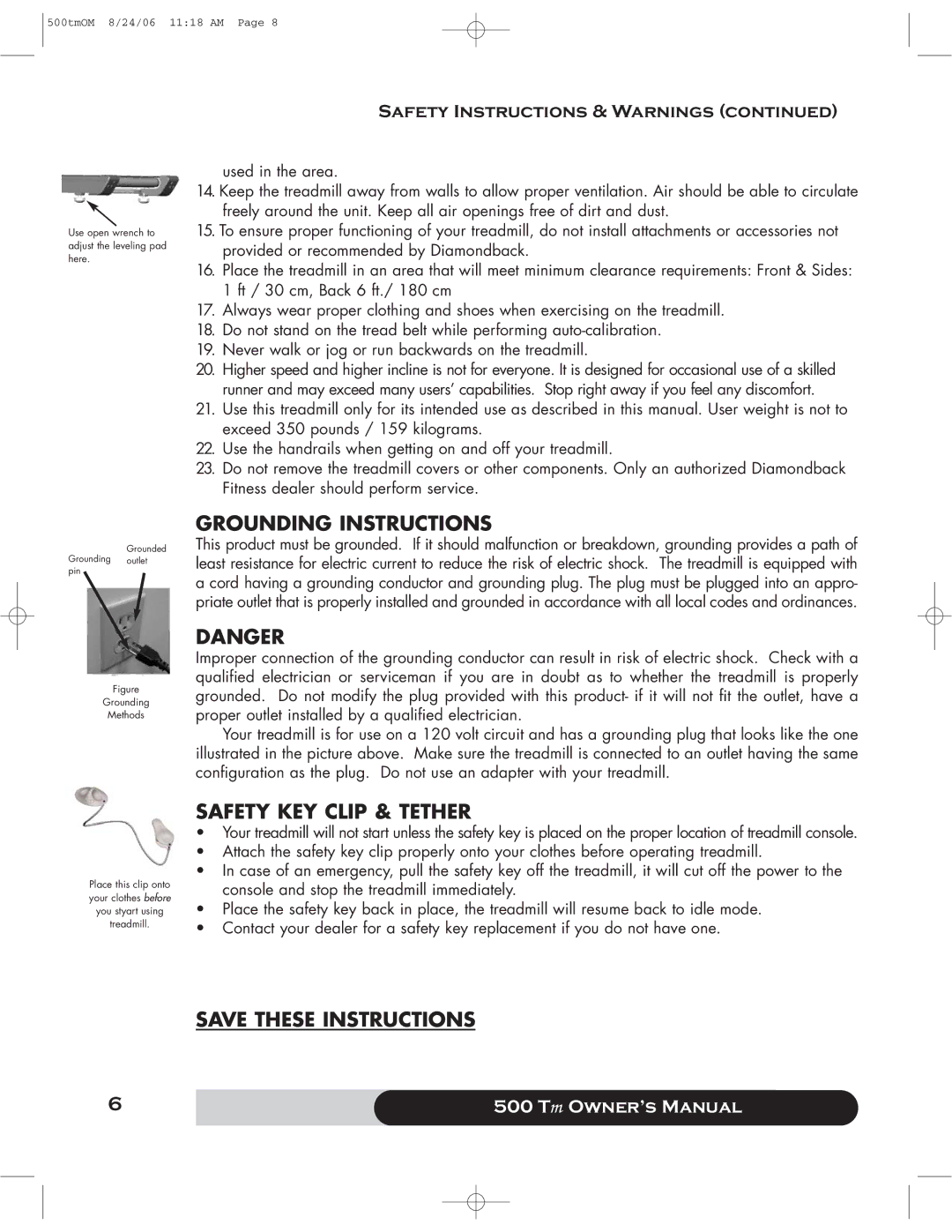 Diamondback 500 manual Grounding Instructions, Safety Instructions & Warnings 