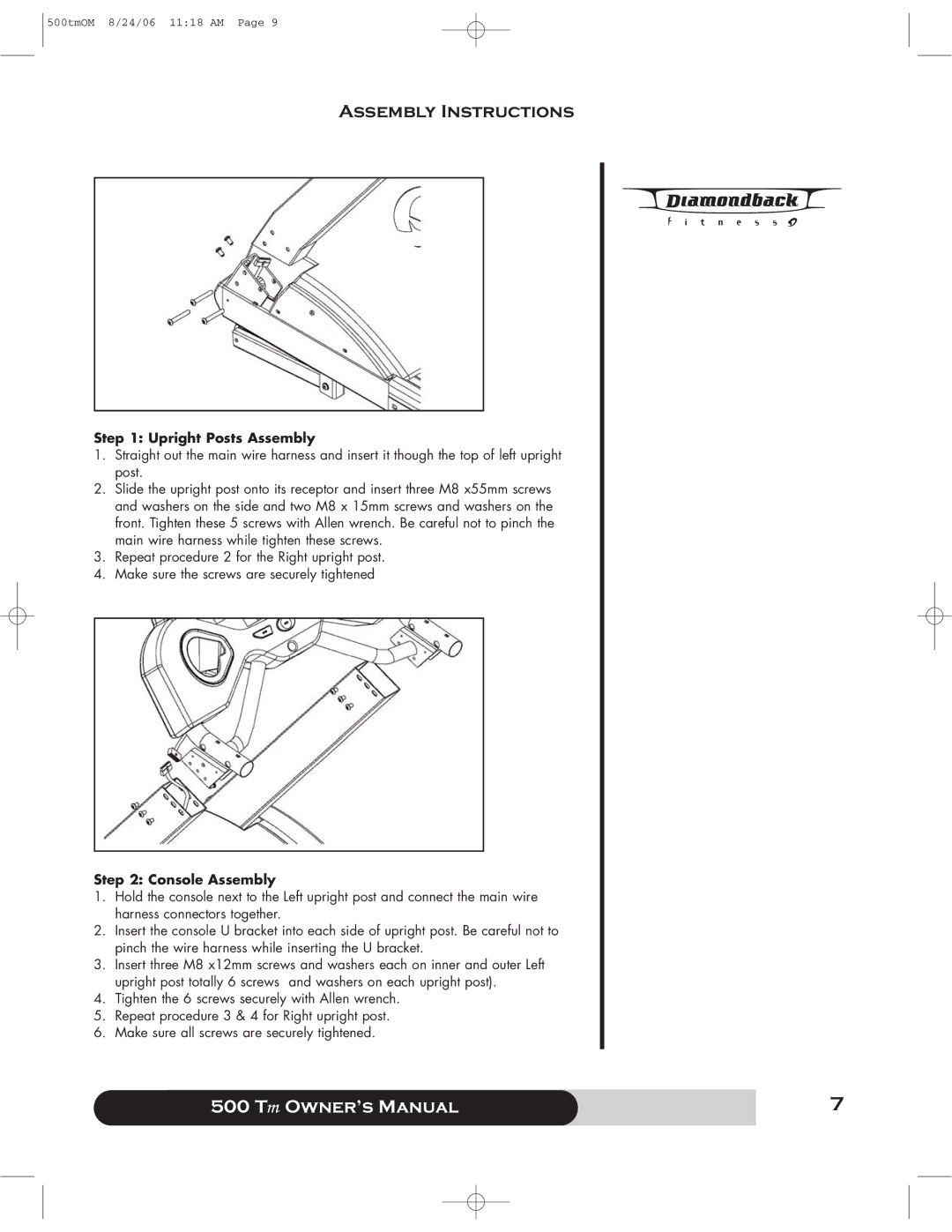 Diamondback 500 manual Assembly Instructions, Upright Posts Assembly, Console Assembly 