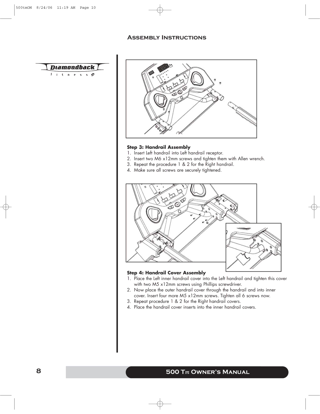 Diamondback 500 manual Handrail Assembly, Handrail Cover Assembly 