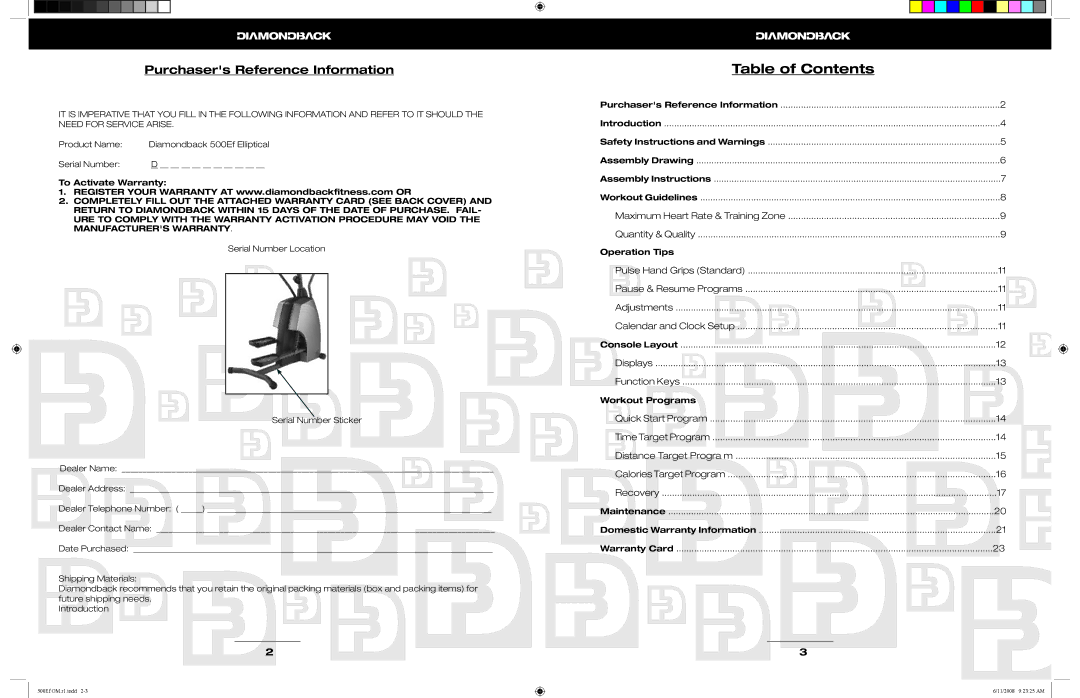 Diamondback 500Ef manual Table of Contents 