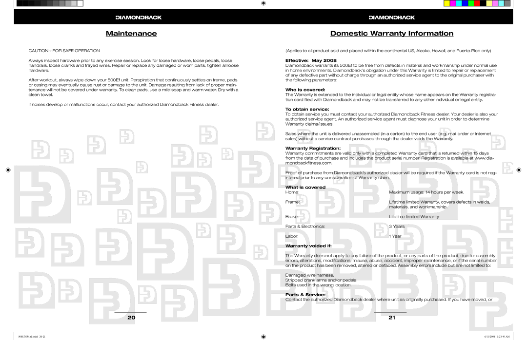 Diamondback 500Ef manual Maintenance, Domestic Warranty Information 