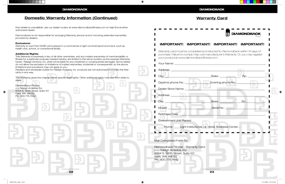 Diamondback 500Ef manual Warranty Card, Exclusions, Additional Rights 