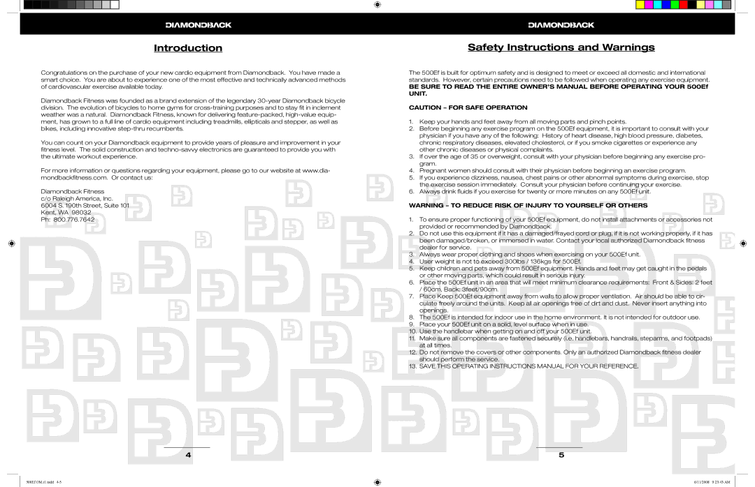 Diamondback 500Ef manual Introduction, Safety Instructions and Warnings 