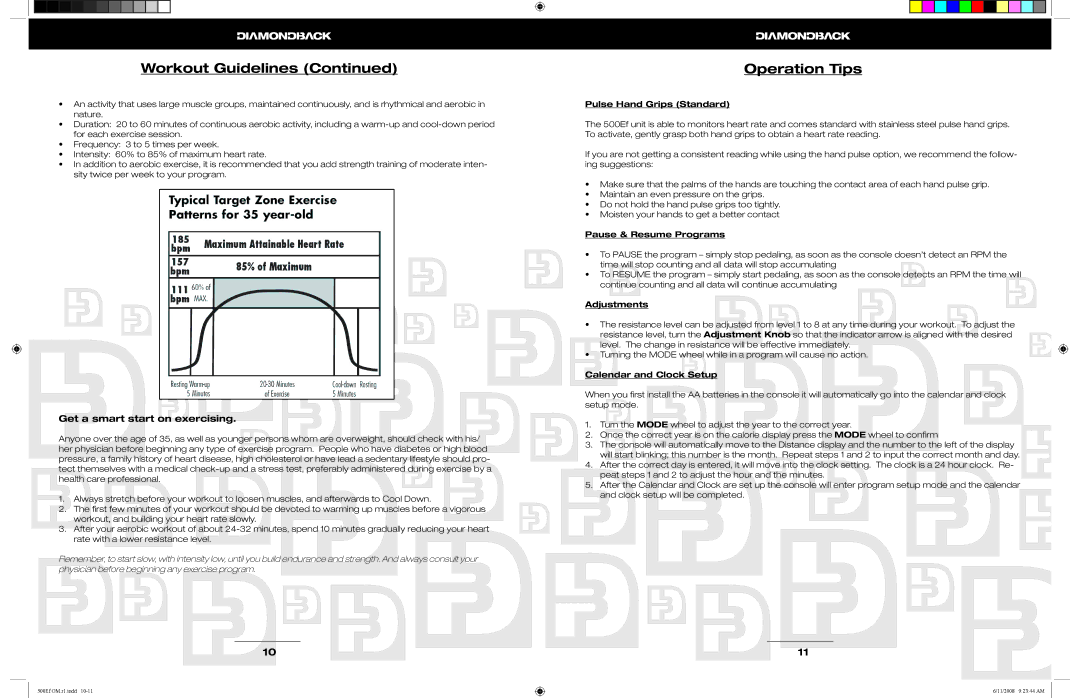 Diamondback 500Ef manual Operation Tips, Pulse Hand Grips Standard, Pause & Resume Programs, Adjustments 