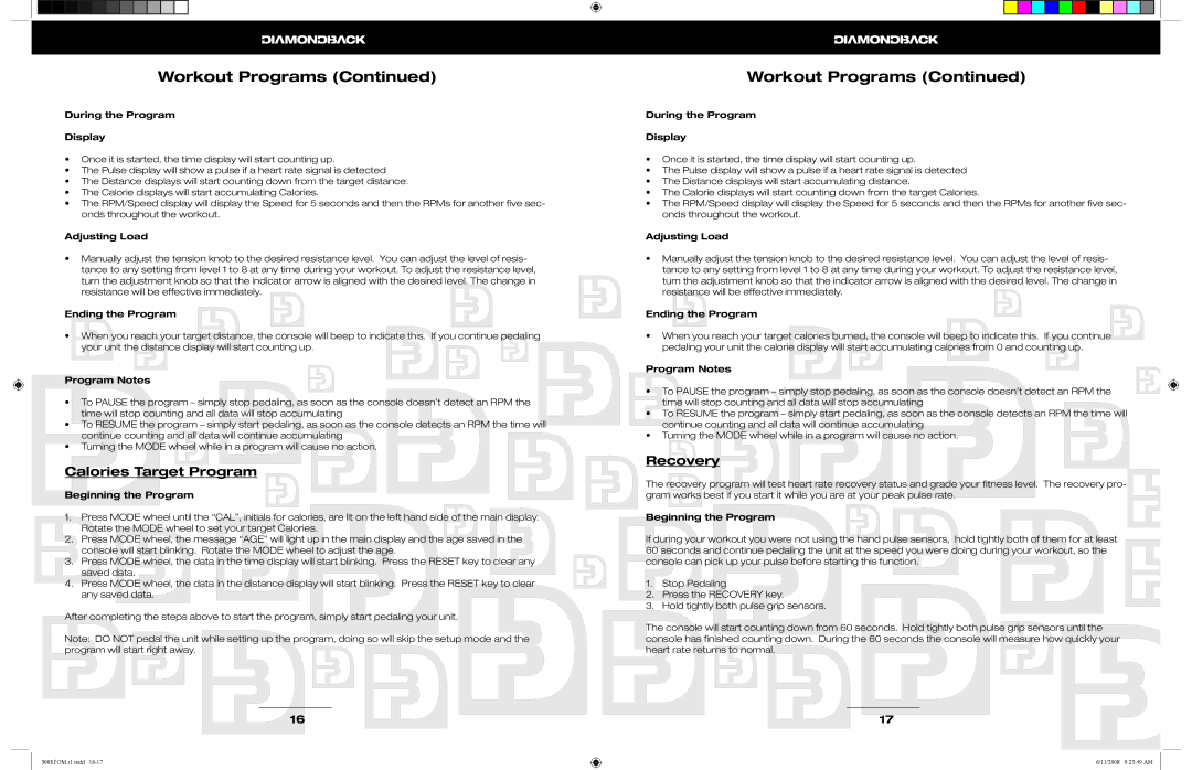 Diamondback 500Ef manual Calories Target Program, Recovery 