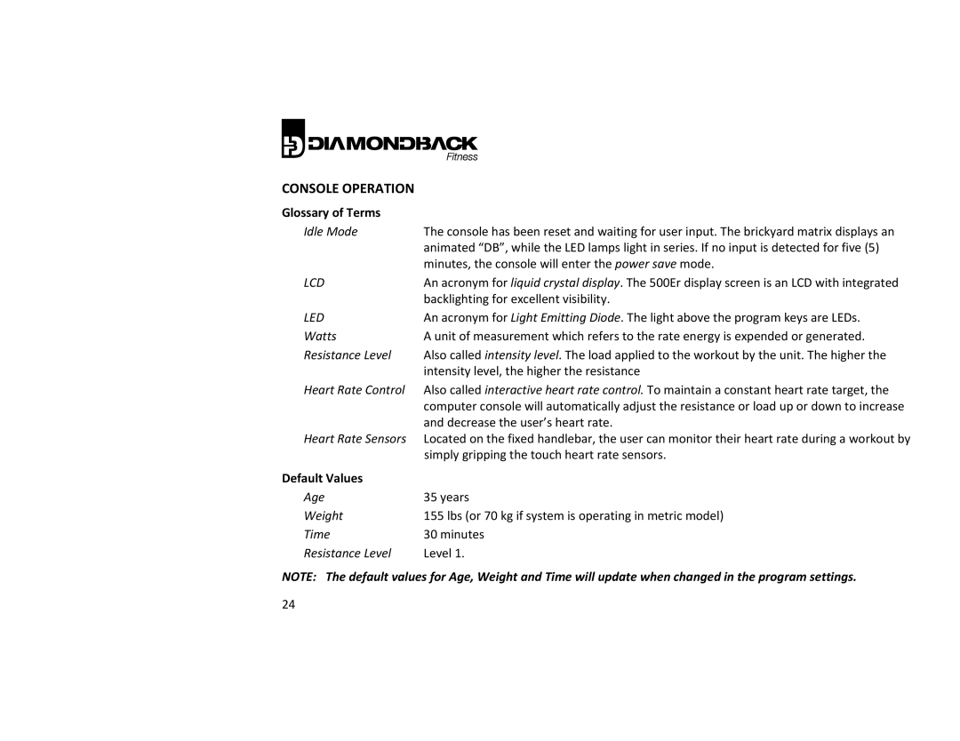 Diamondback 500ER manual Console Operation, Glossary of Terms 