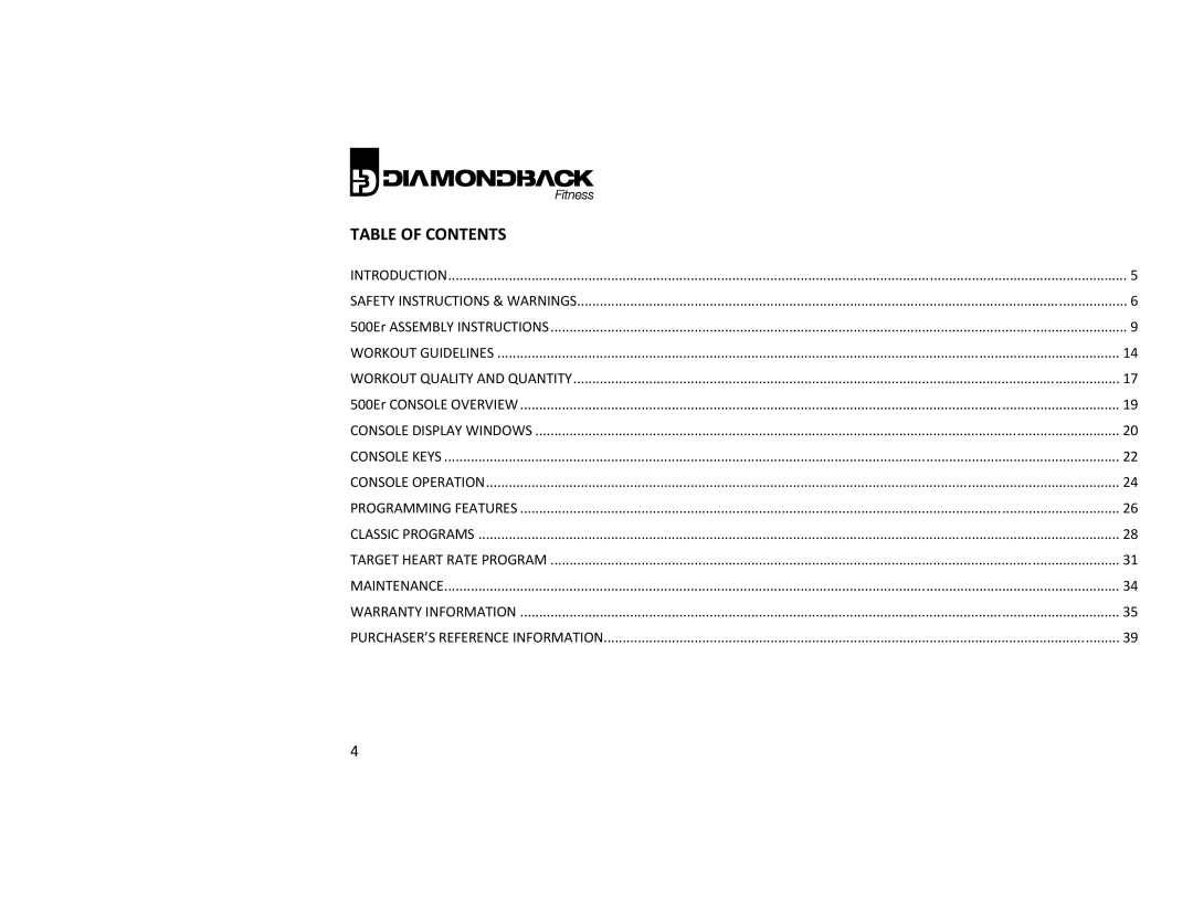 Diamondback 500ER manual Table of Contents 