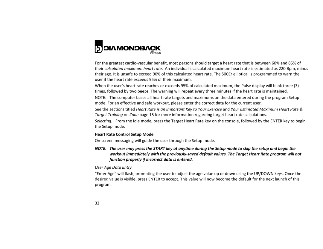 Diamondback 500ER manual Heart Rate Control Setup Mode, User Age Data Entry 