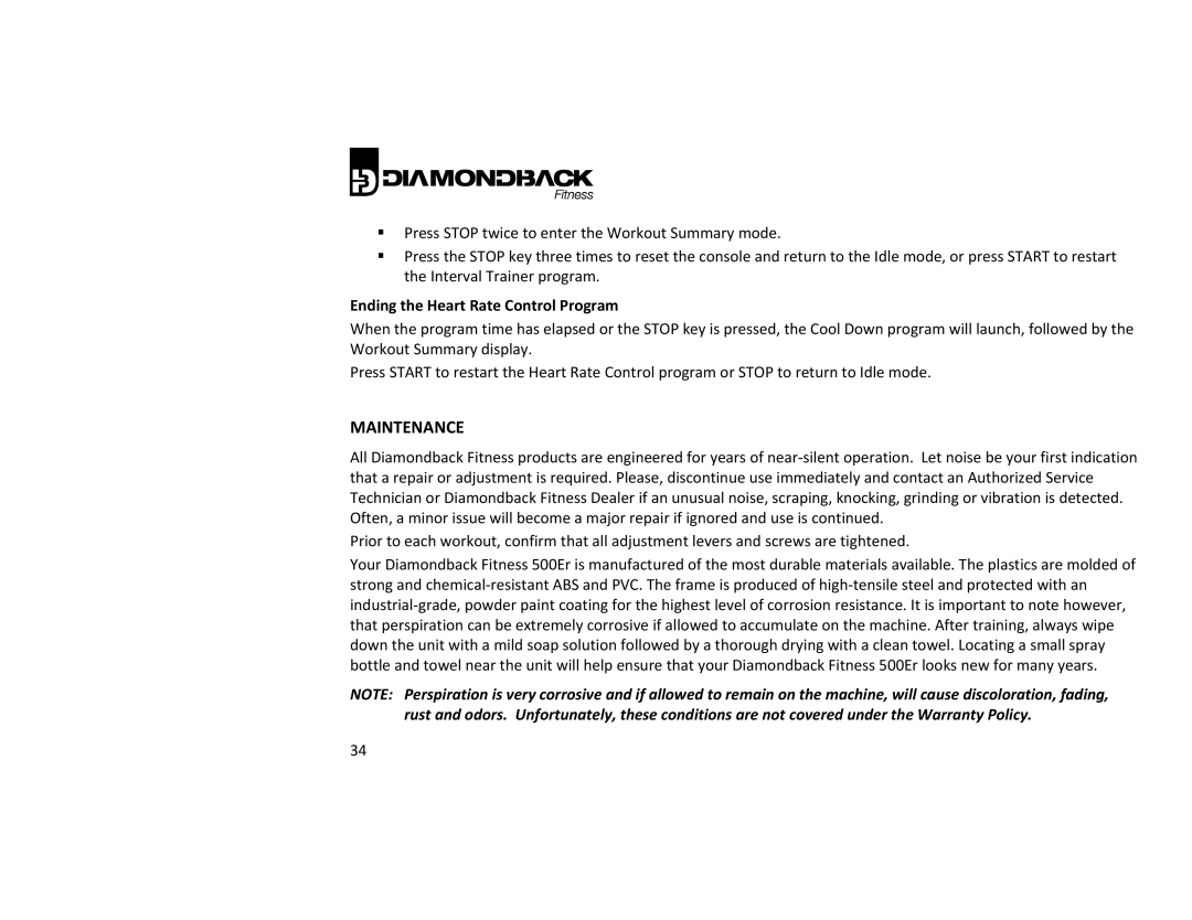 Diamondback 500ER manual Maintenance, Ending the Heart Rate Control Program 