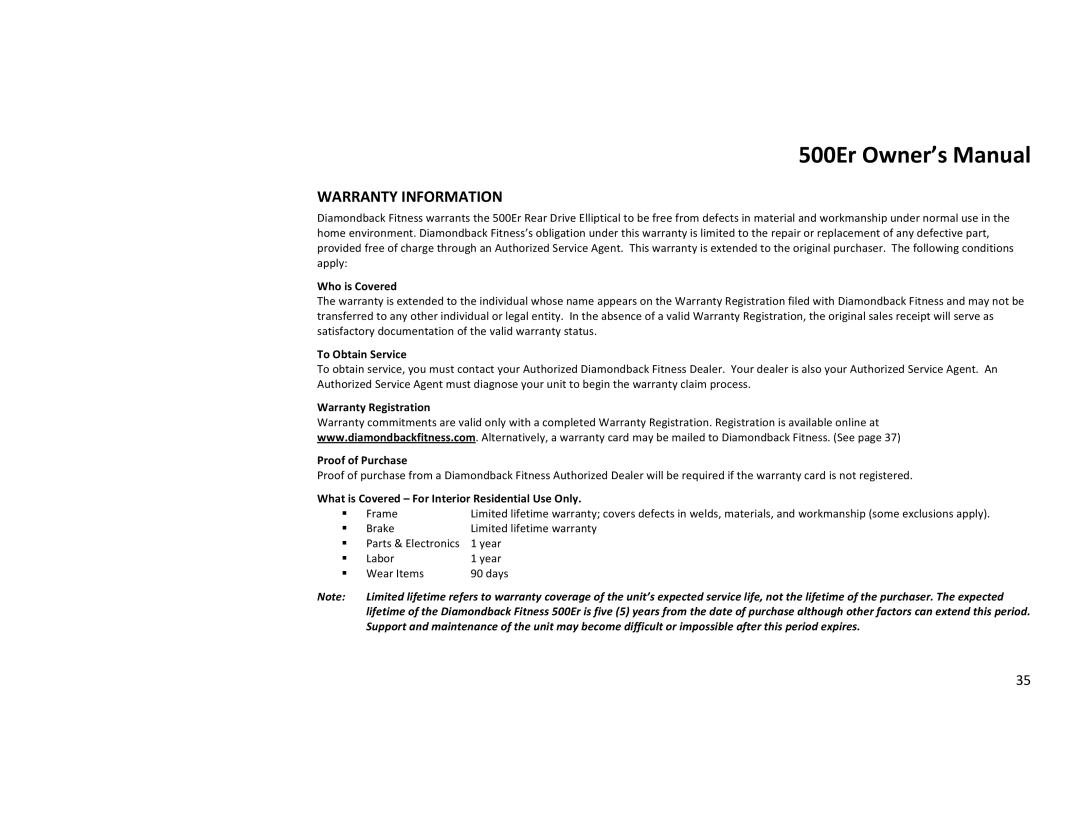 Diamondback 500ER manual Warranty Information, Who is Covered 