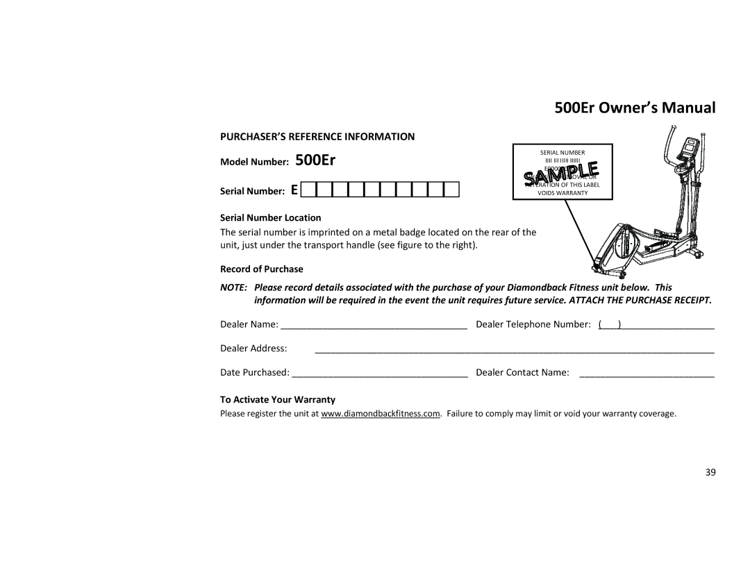 Diamondback 500ER manual PURCHASER’S Reference Information, Model Number 500Er Serial Number E Serial Number Location 