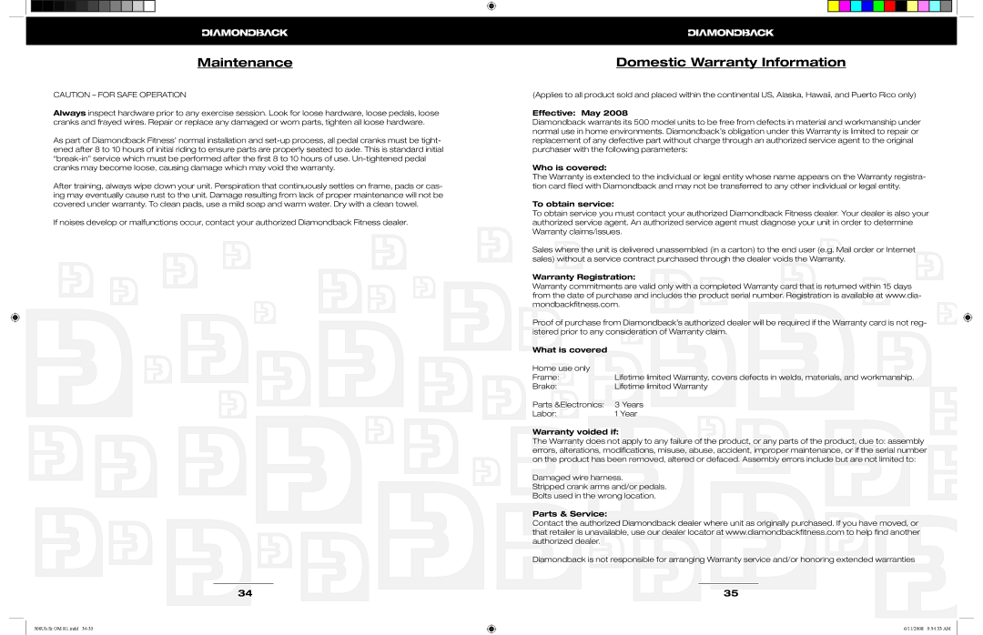 Diamondback 500Sr, 500Ub manual Maintenance, Domestic Warranty Information 