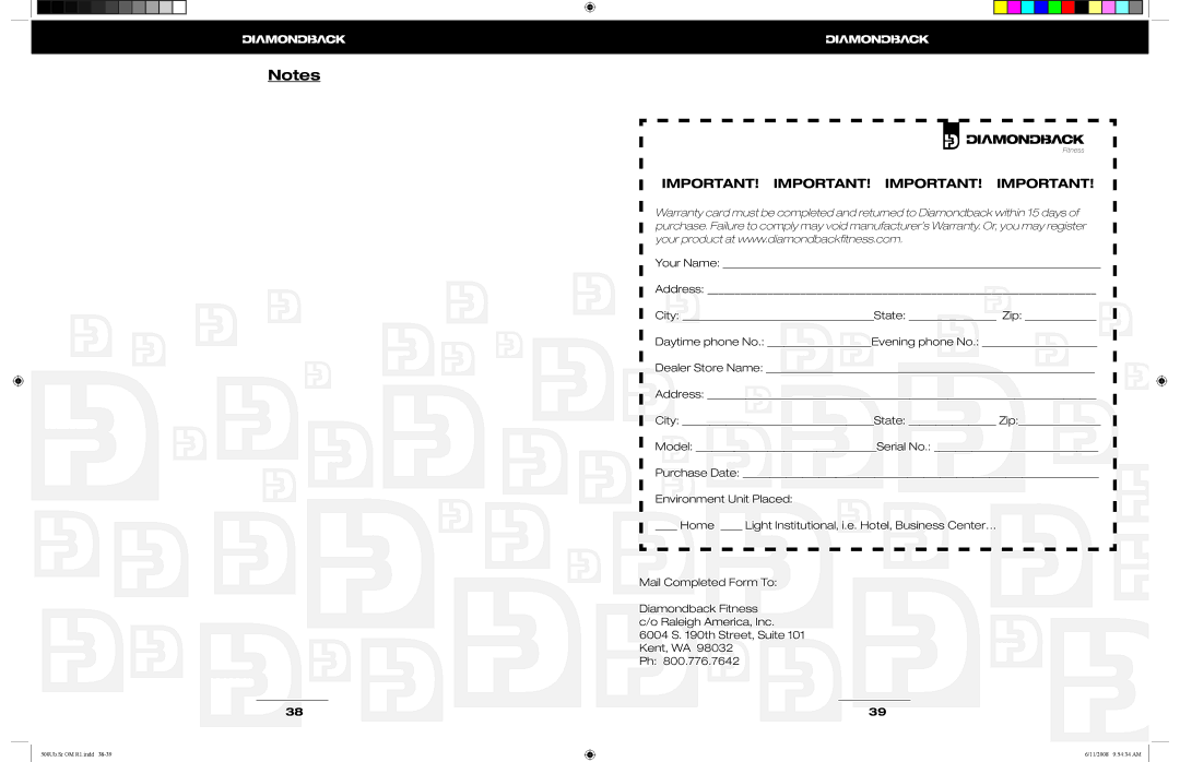 Diamondback 500Sr, 500Ub manual IMPORTANT! IMPORTANT! IMPORTANT! Important 