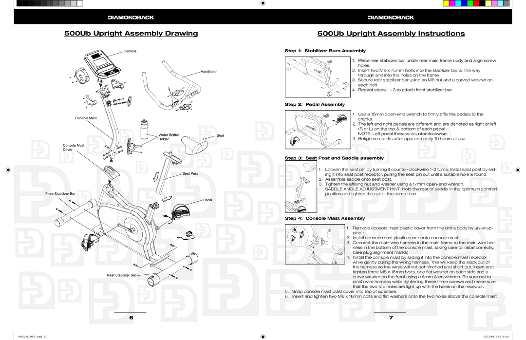 Diamondback 500Sr manual 500Ub Upright Assembly Drawing, 500Ub Upright Assembly Instructions 