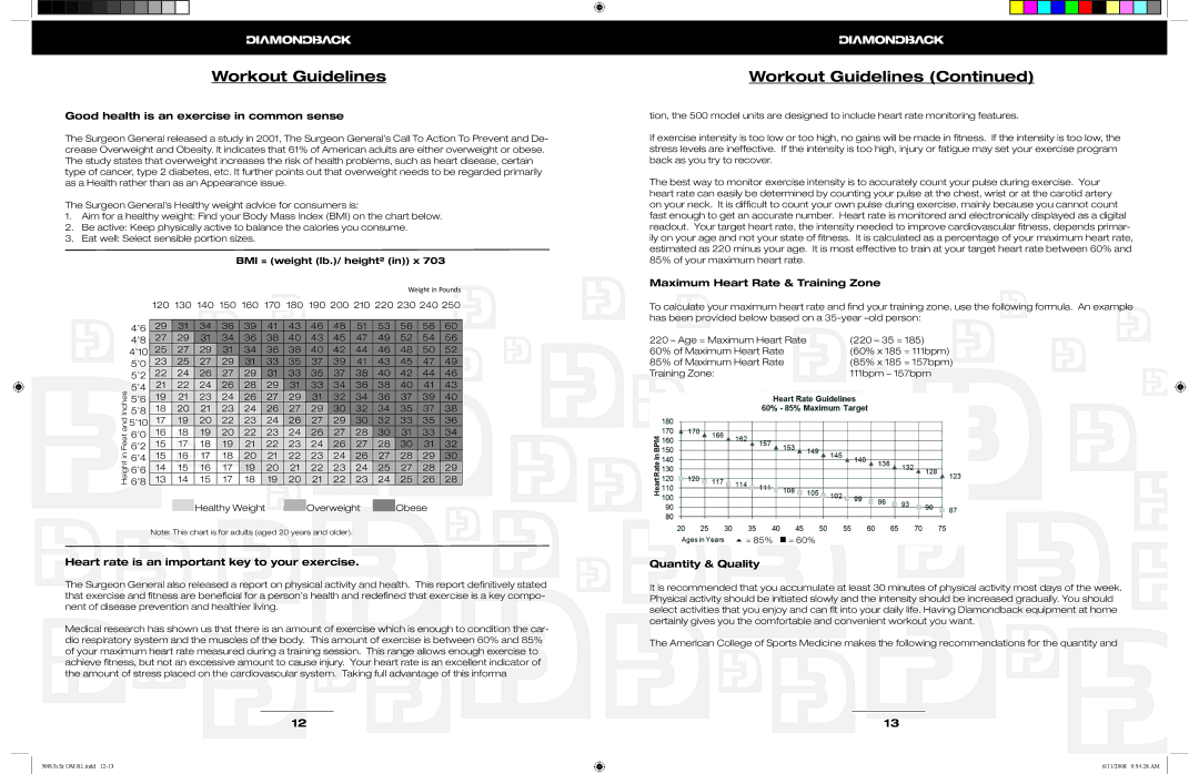 Diamondback 500Ub, 500Sr manual Workout Guidelines, BMI = weight lb./ height² in x 