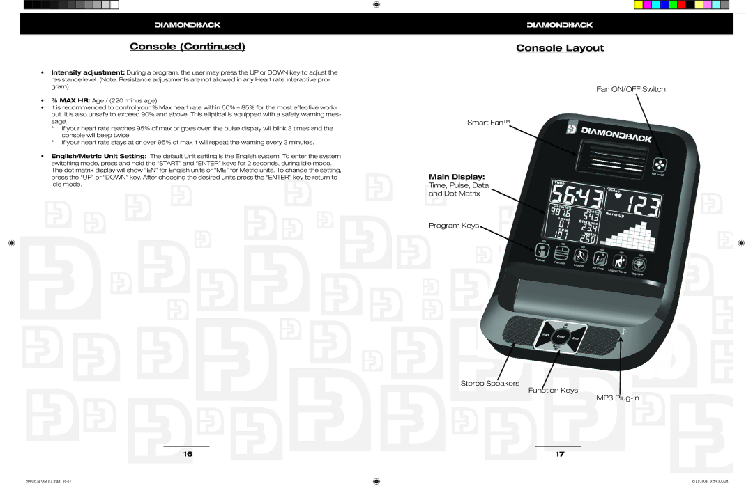 Diamondback 500Ub, 500Sr manual Console Layout, Main Display 