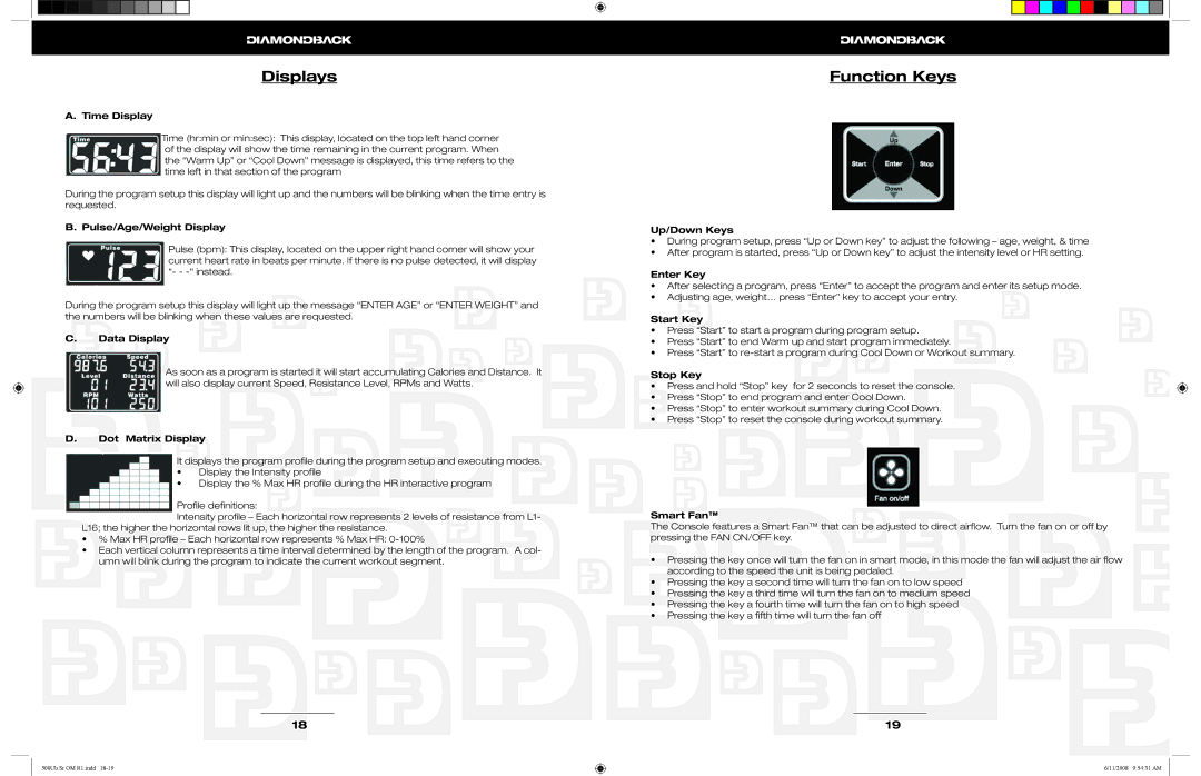 Diamondback 500Sr, 500Ub manual Displays, Function Keys 