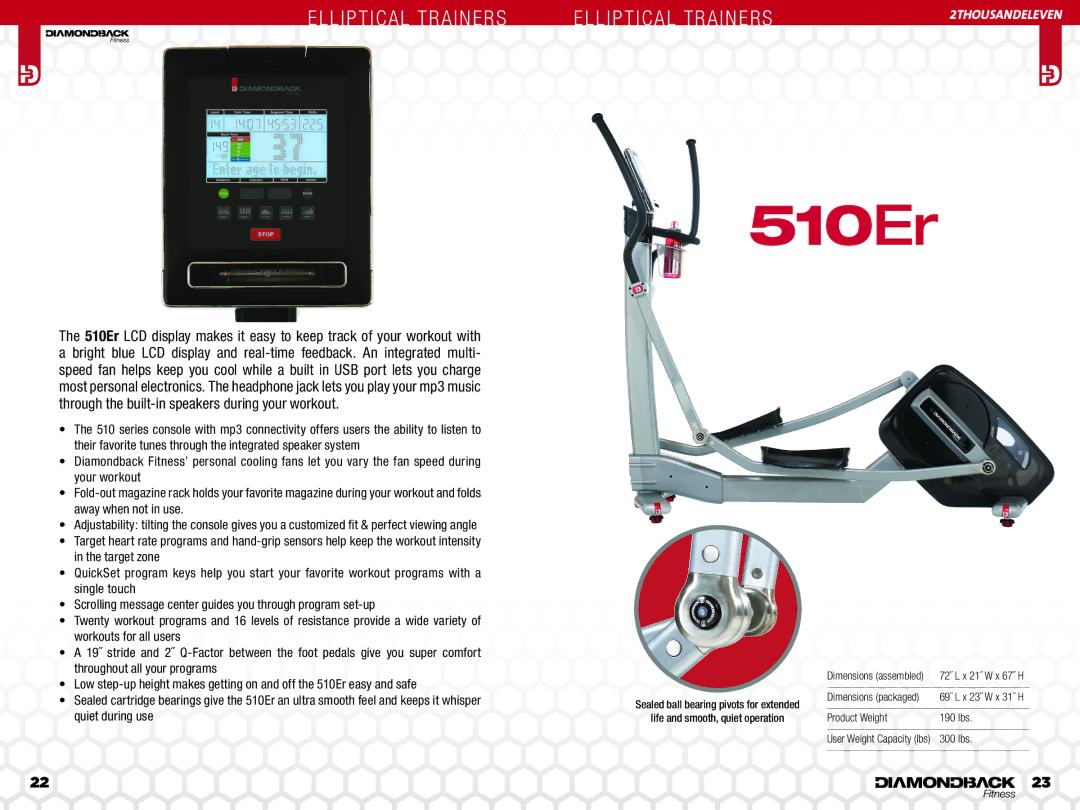 Diamondback 510ER manual 510Er, Elliptical Trainers, 2thousandeleven 