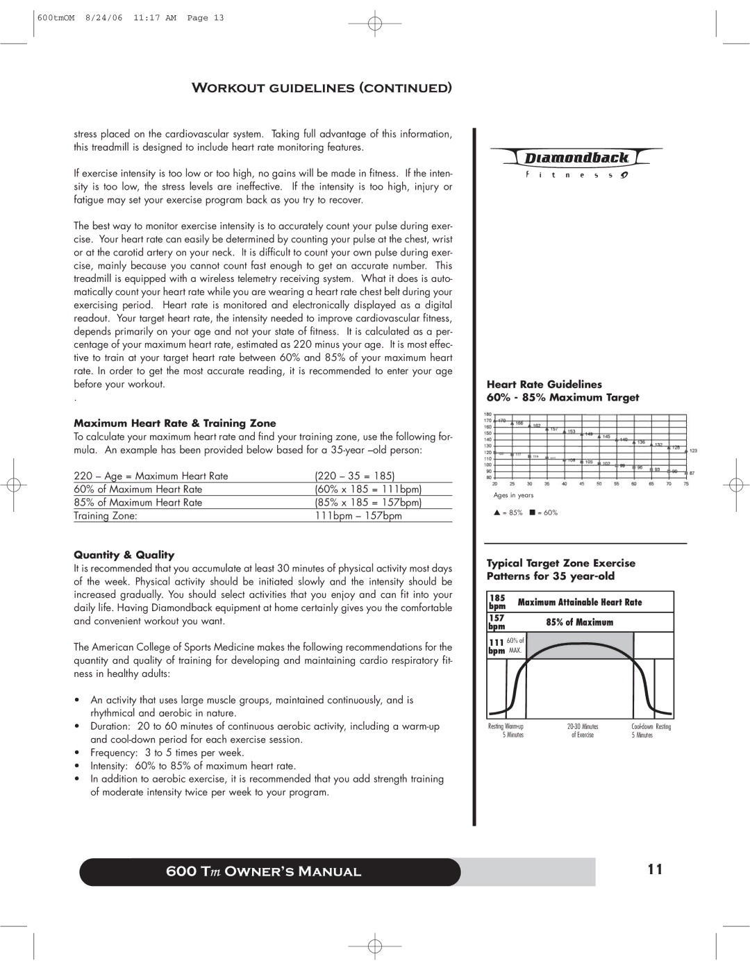 Diamondback 600 Tm Maximum Heart Rate & Training Zone, Quantity & Quality, Heart Rate Guidelines 60% 85% Maximum Target 