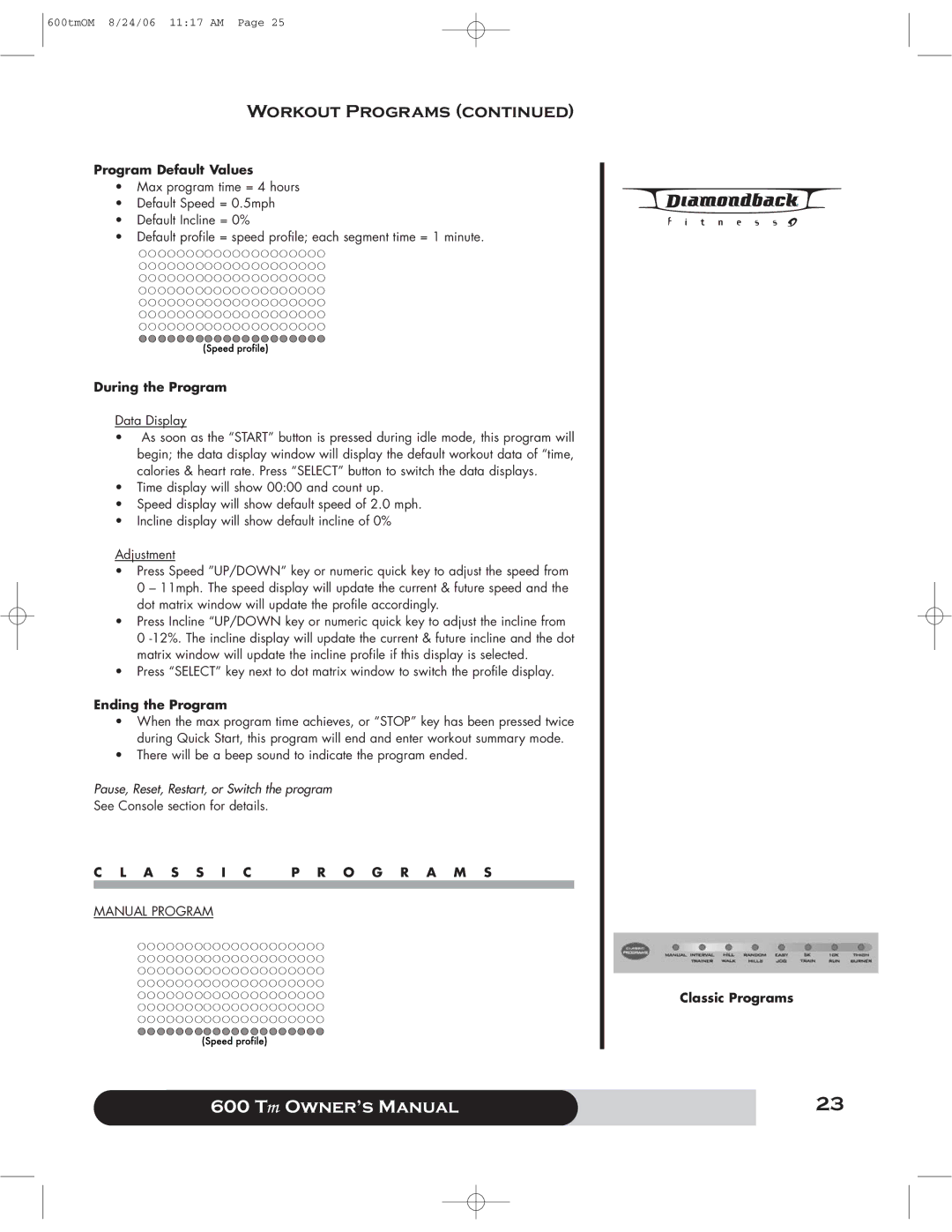 Diamondback 600 Tm manual Program Default Values, Classic Programs 