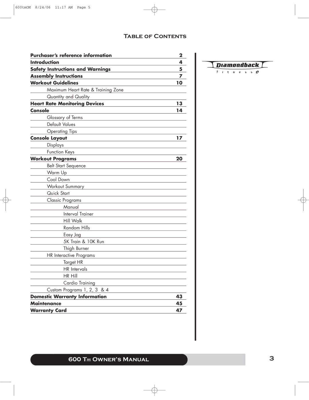 Diamondback 600 Tm manual Table of Contents 