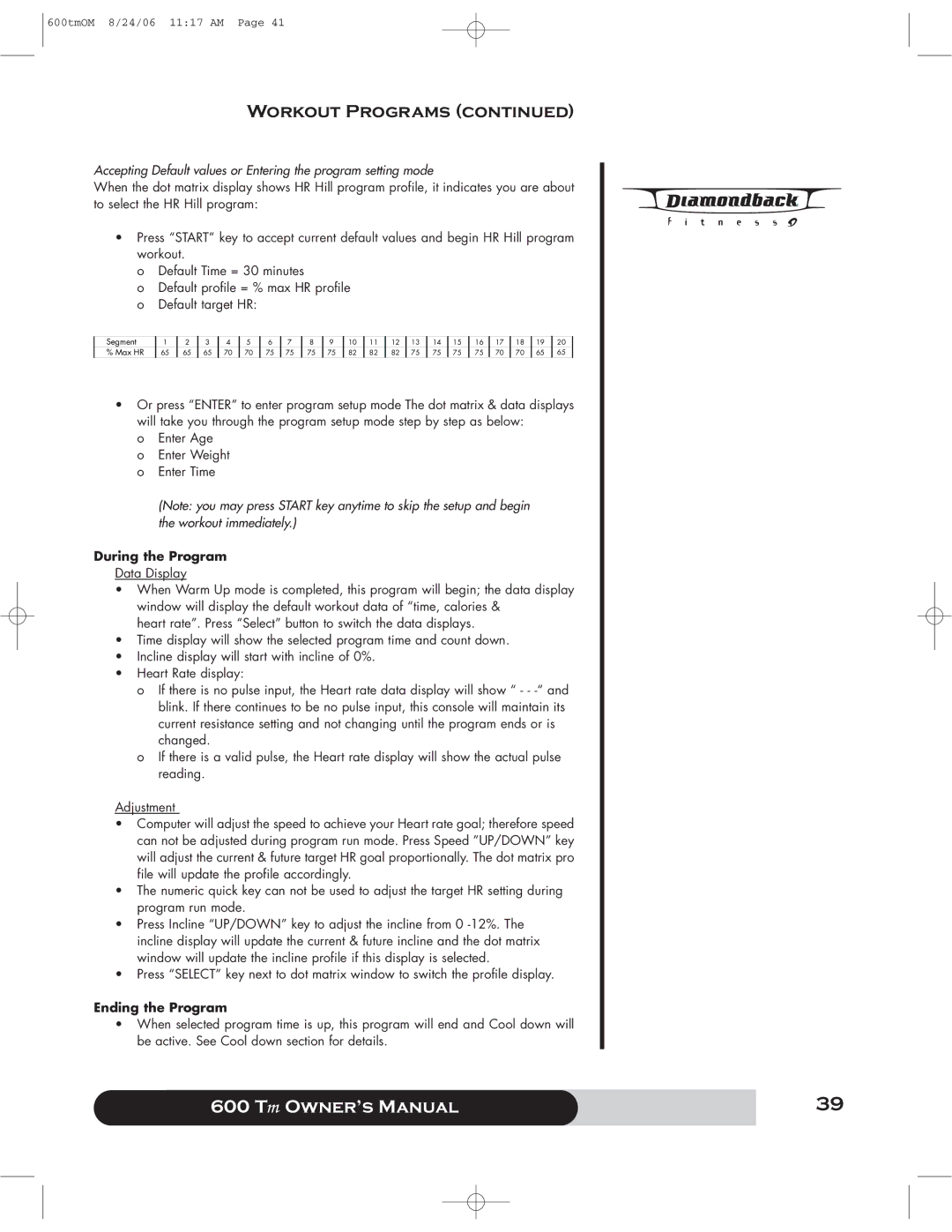 Diamondback 600 Tm manual Segment Max HR 