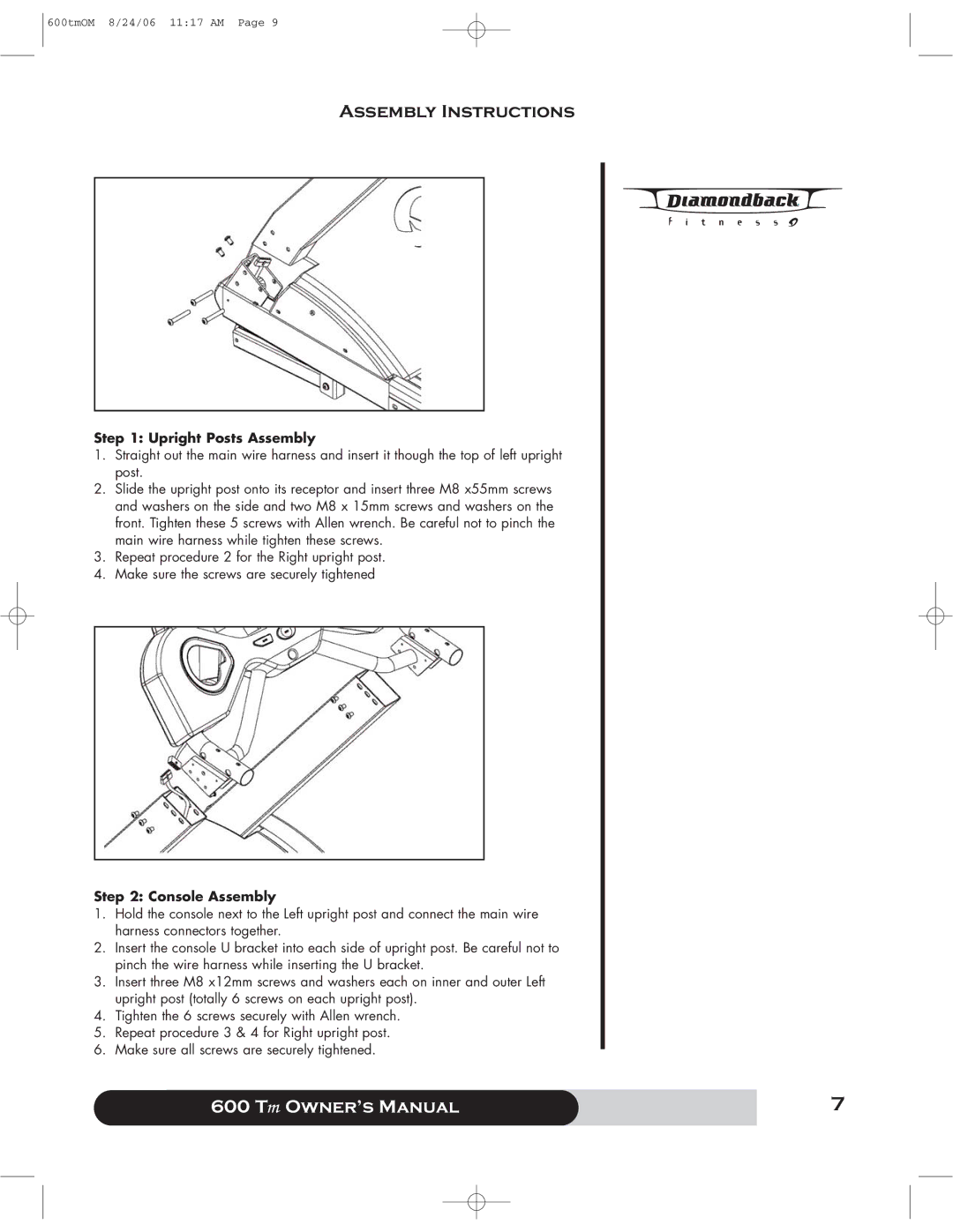 Diamondback 600 Tm manual Assembly Instructions, Upright Posts Assembly, Console Assembly 