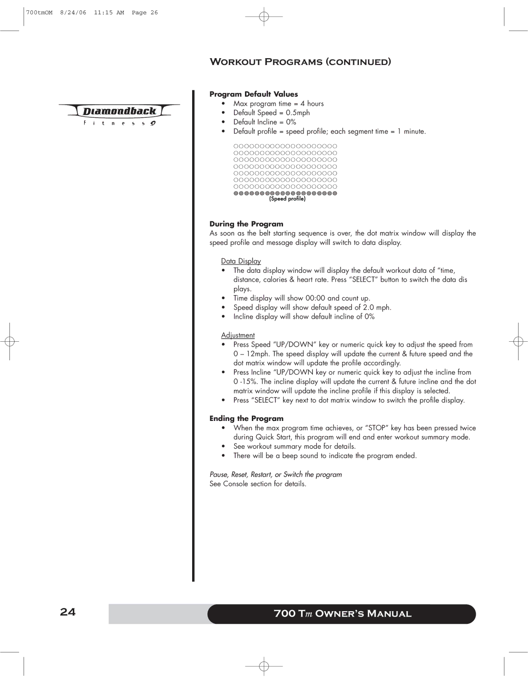 Diamondback 700 manual Program Default Values 