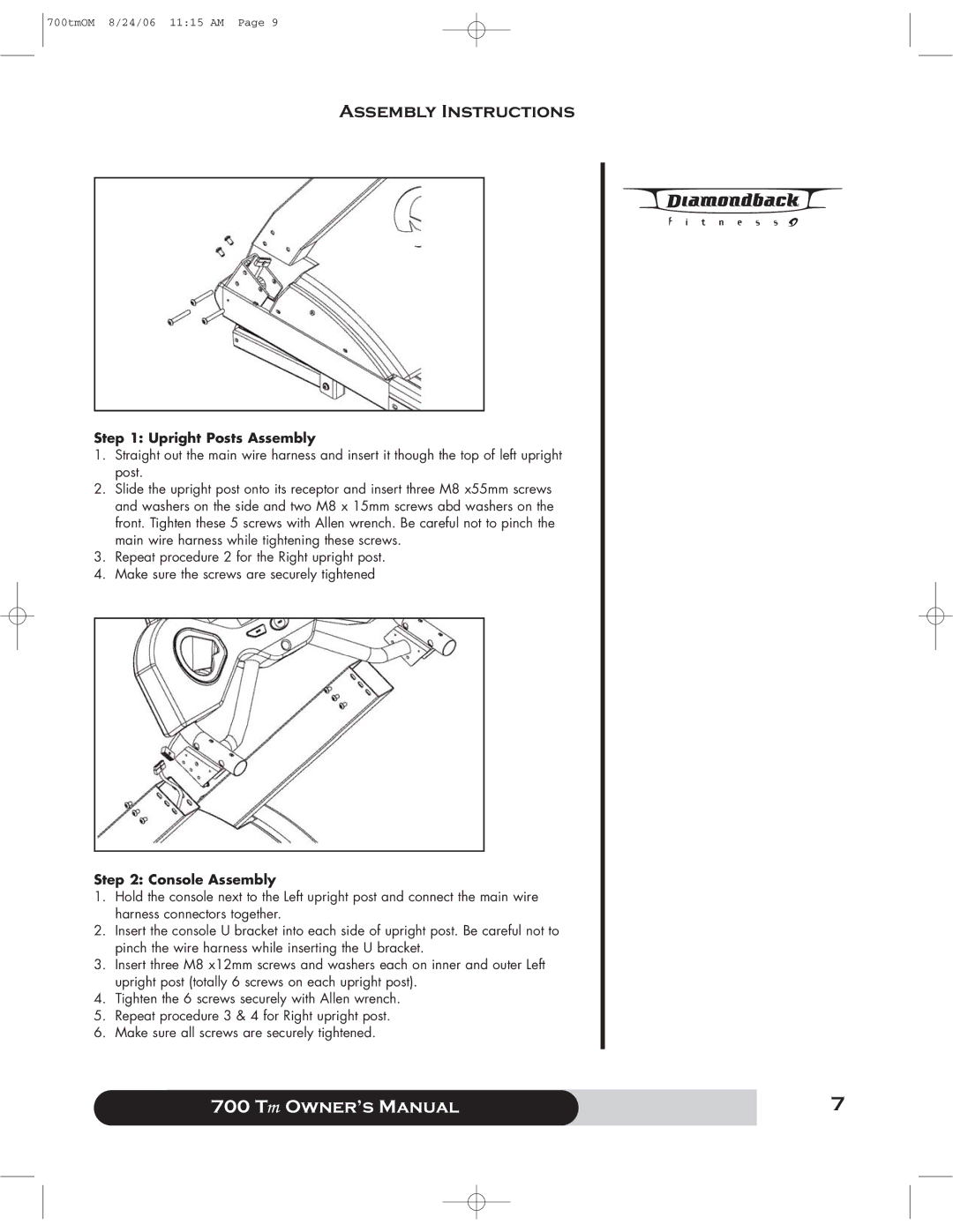 Diamondback 700 manual Assembly Instructions, Upright Posts Assembly, Console Assembly 